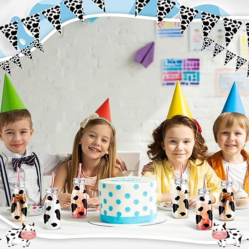 Miniatura 4 de Juego de 24 botellas de leche de plástico de 7 onzas con pajitas, tapas de metal plateado, calcomanías de leche con estampado de vaca, recipientes