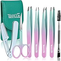 TsMADDTs 7-Piece Precision Tweezers Set for Eyebrows & Facial Hair - Slant, Pointed, Scissors, Razor for Ingrown Hairs