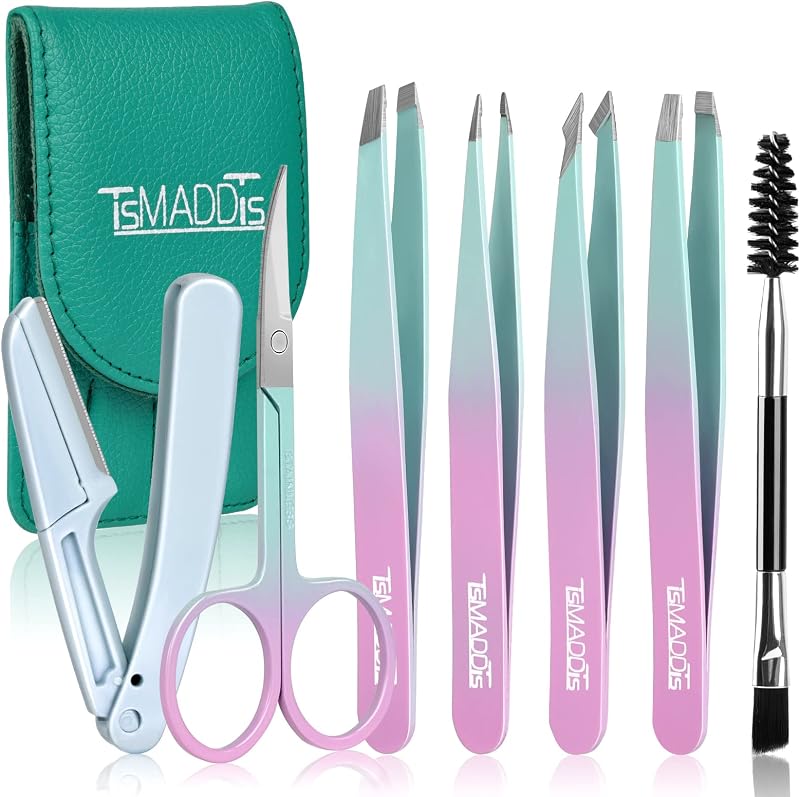 TsMADDTs 7 pinzas para vello facial de mujer, juego de pinzas de precisión para cejas con tijera curva y afeitadora de cejas para pelo encarnado