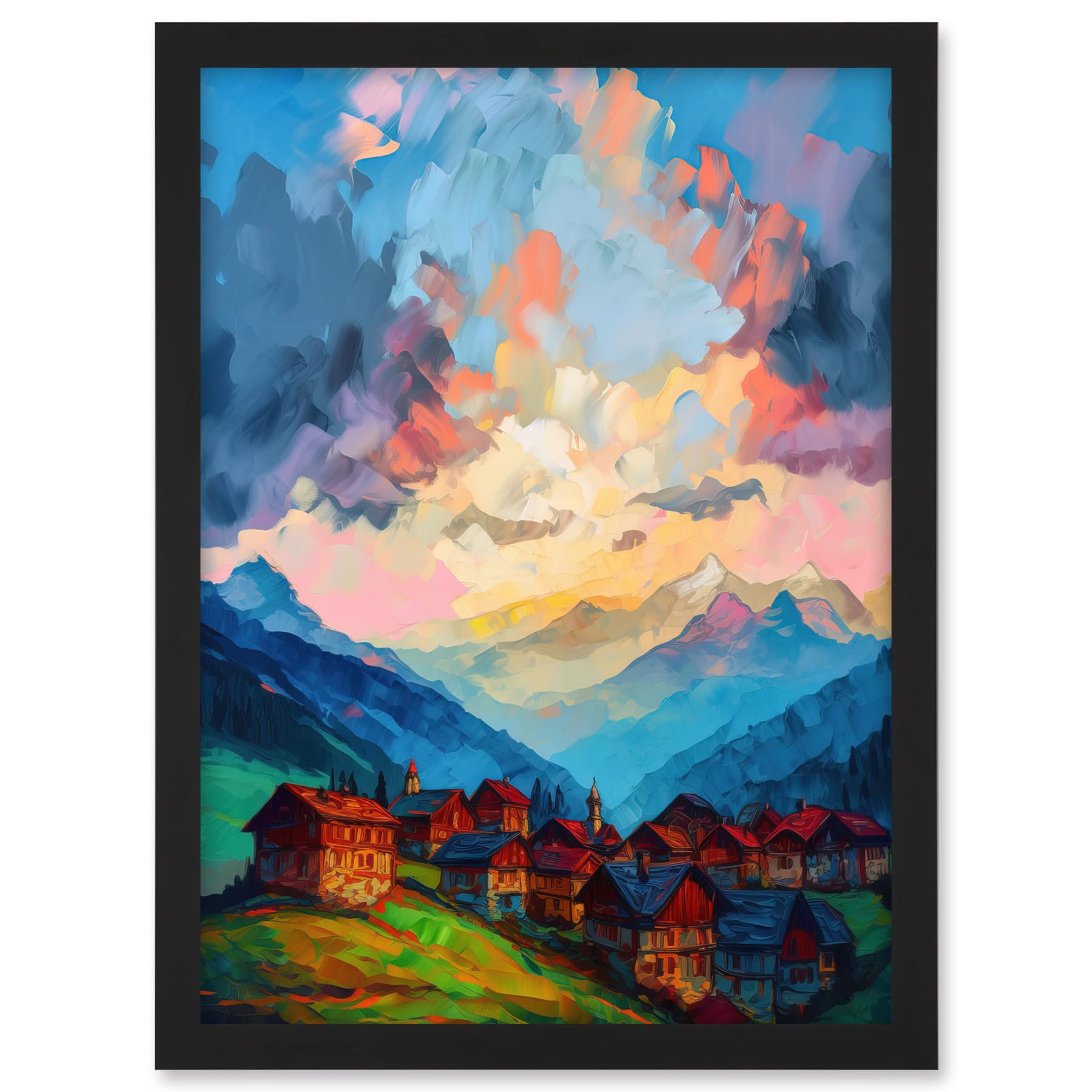 Artery8 Atmospheric Clouds at Dawn Over Small Village Houses in the Alps Modern Watercolour Painting Artwork Framed A3 Wall Art Print