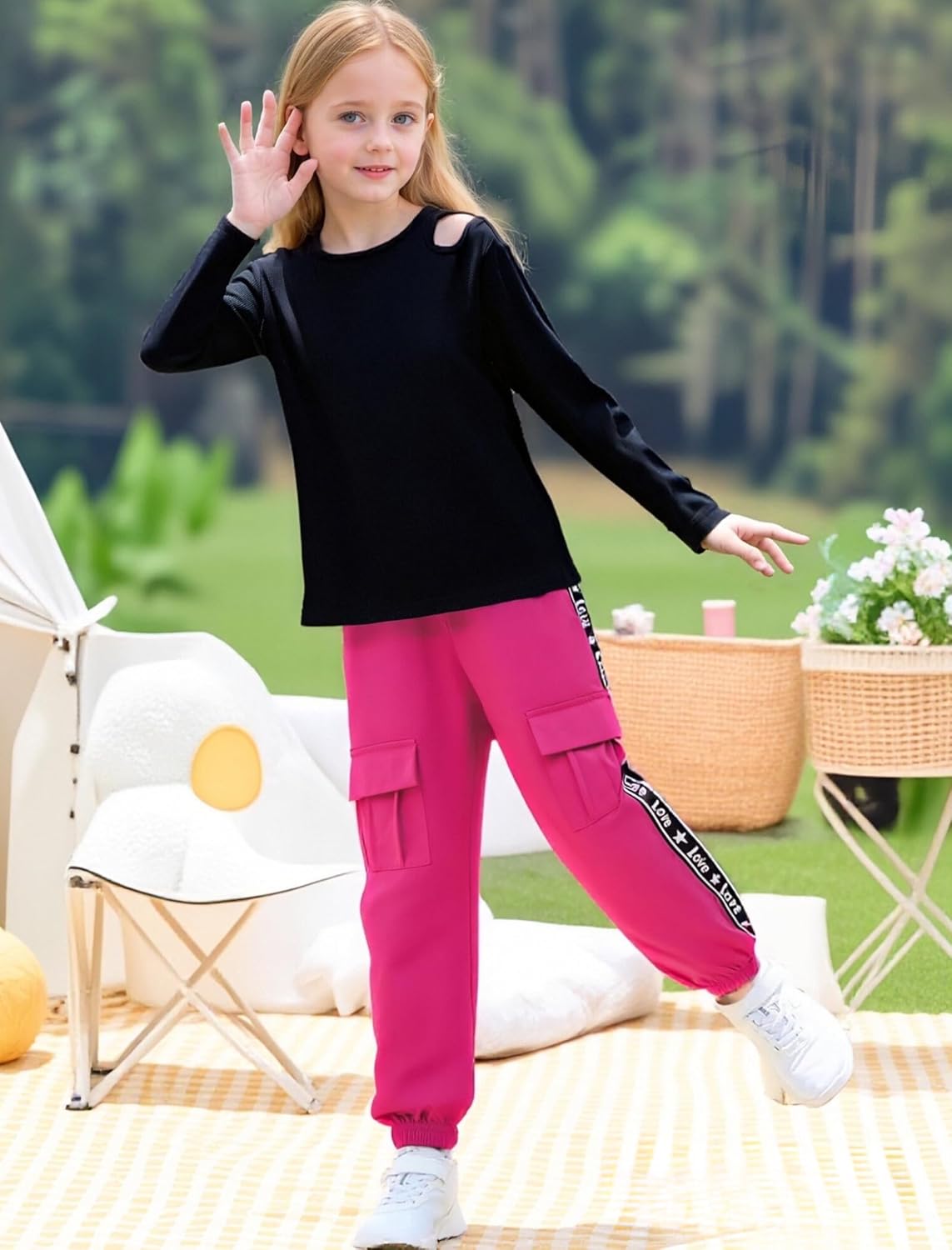 Girls Clothes Long Sleeve Ribbed Knit Cold Shoulder Top and Cargo Pant Set Teen Girls Outfits 6-12 Years - Image 2