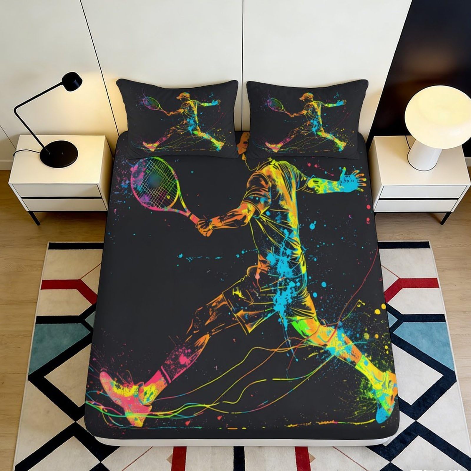 Pnayamiorkfel Style-9 3D Printed Colorful Tennis Player Fitted Sheet Microfiber Soft Breathable Splash Art Bed Cover For Home Dorm Decor 90X200x25cm