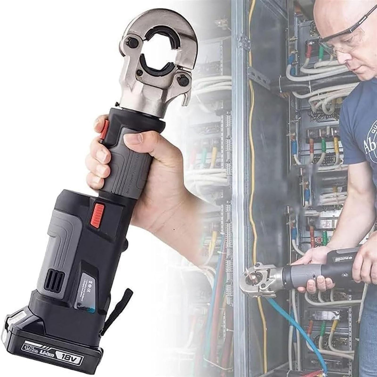 Battery Powered Crimper Eletric Crimper Pressure Sensor, Hydraulic Crimping Tool Electrical Terminal Cable Wire Tool Kit 360° Electrical Wire Connectors 12 Pairs of Dies 16-300mm² Grey