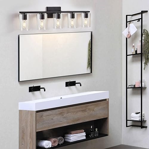 Miniatura 5 de DRNANLIT Luz de baño de 5 luces sobre espejo, modernas luces de tocador con vidrio transparente, accesorio de iluminación de baño de metal negro