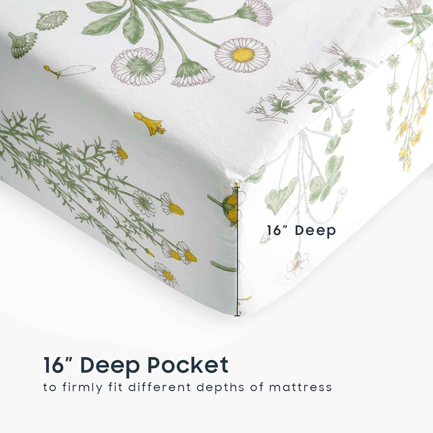 Wake In Cloud - Floral Bed Sheets, 4-Piece Sheet Set, Cute Botanical Shabby Chic Coquette Cottagecore Flower Pattern Printed Bedding, Deep Pocket, Yellow Green, Queen Size