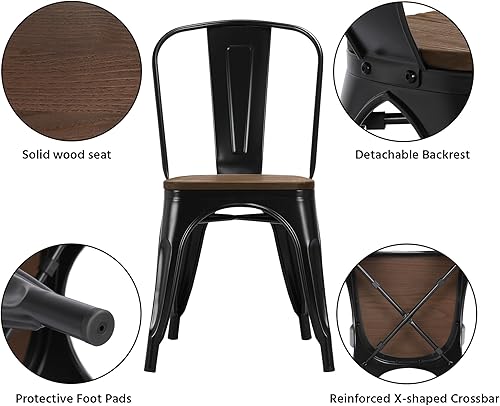 Miniatura 53 de Yaheetech Sillas de comedor de metal con asiento de madera/parte superior apilables, sillas de cocina con respaldo para interiores y exteriores,