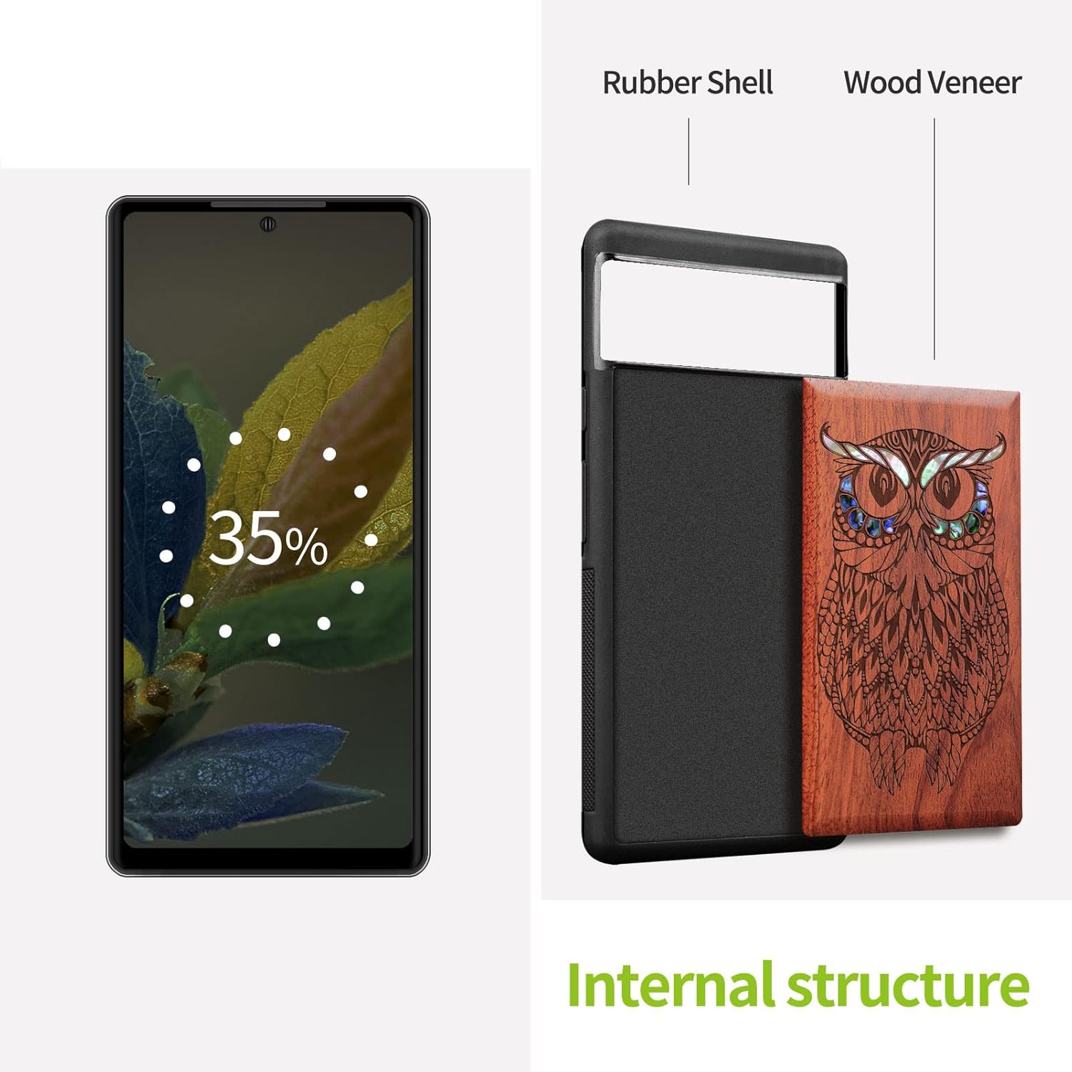 Carveit Designer Wooden Case for Google Pixel 6a Case Protective Cover [Wood Engraving & Shell Inlay] Unique Wood Phone Case Compatible with Pixel 6a (Owl-Rosy)