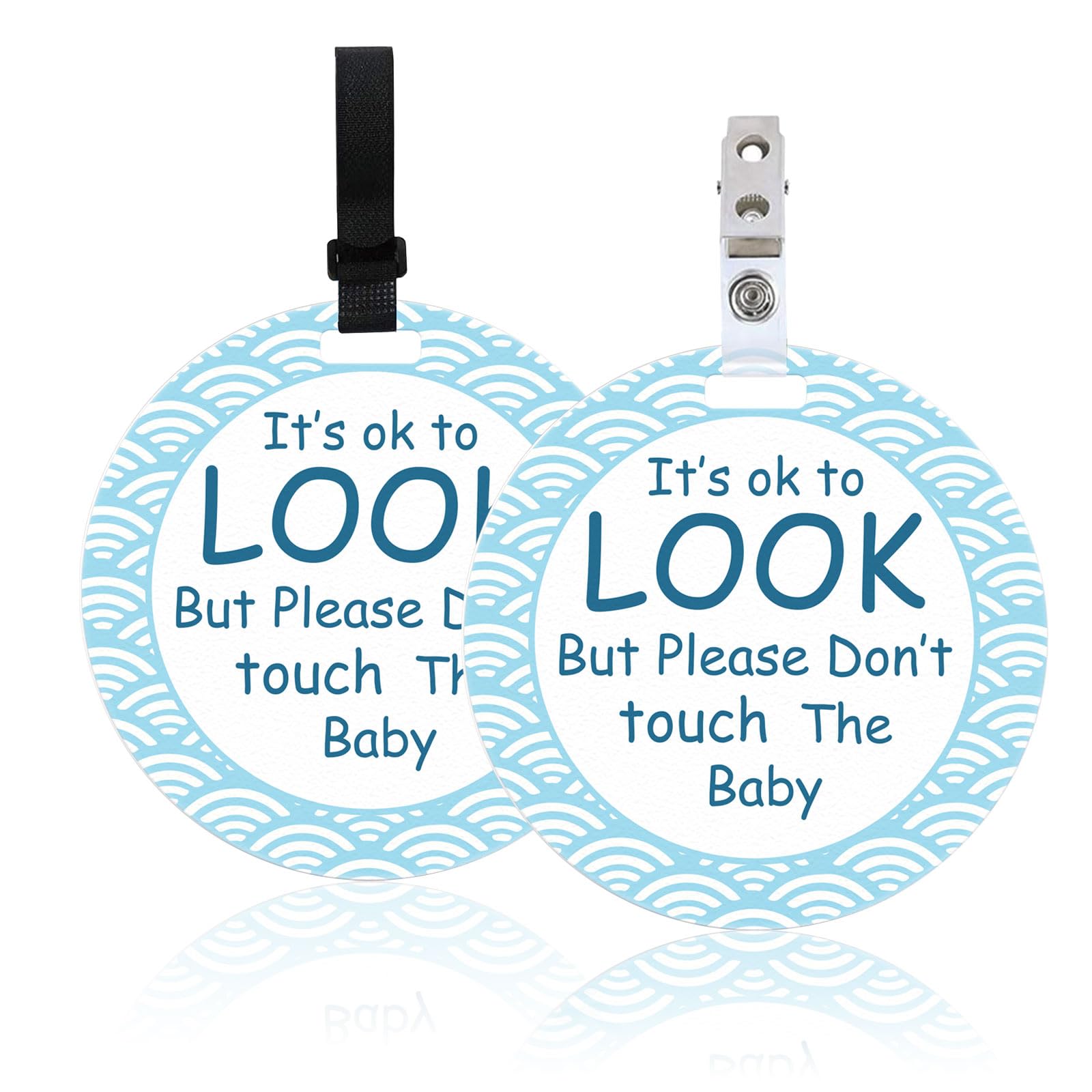 ORIGACH 2 Pack Look But No Touching Baby Stroller Tag Set, Blue Wave Style Stop Touching Baby Car Seat Carrycot Sign with Hanging Straps and Clip, No Touch Baby Safety Sign for Newborn Baby Girl Boy