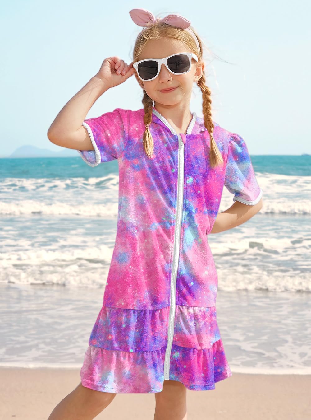 BesserBay Girls Summer Beach Quick Dry Cover Up Ruffle Hem Terry Smocked Hooded 4-14 Years with Pockets