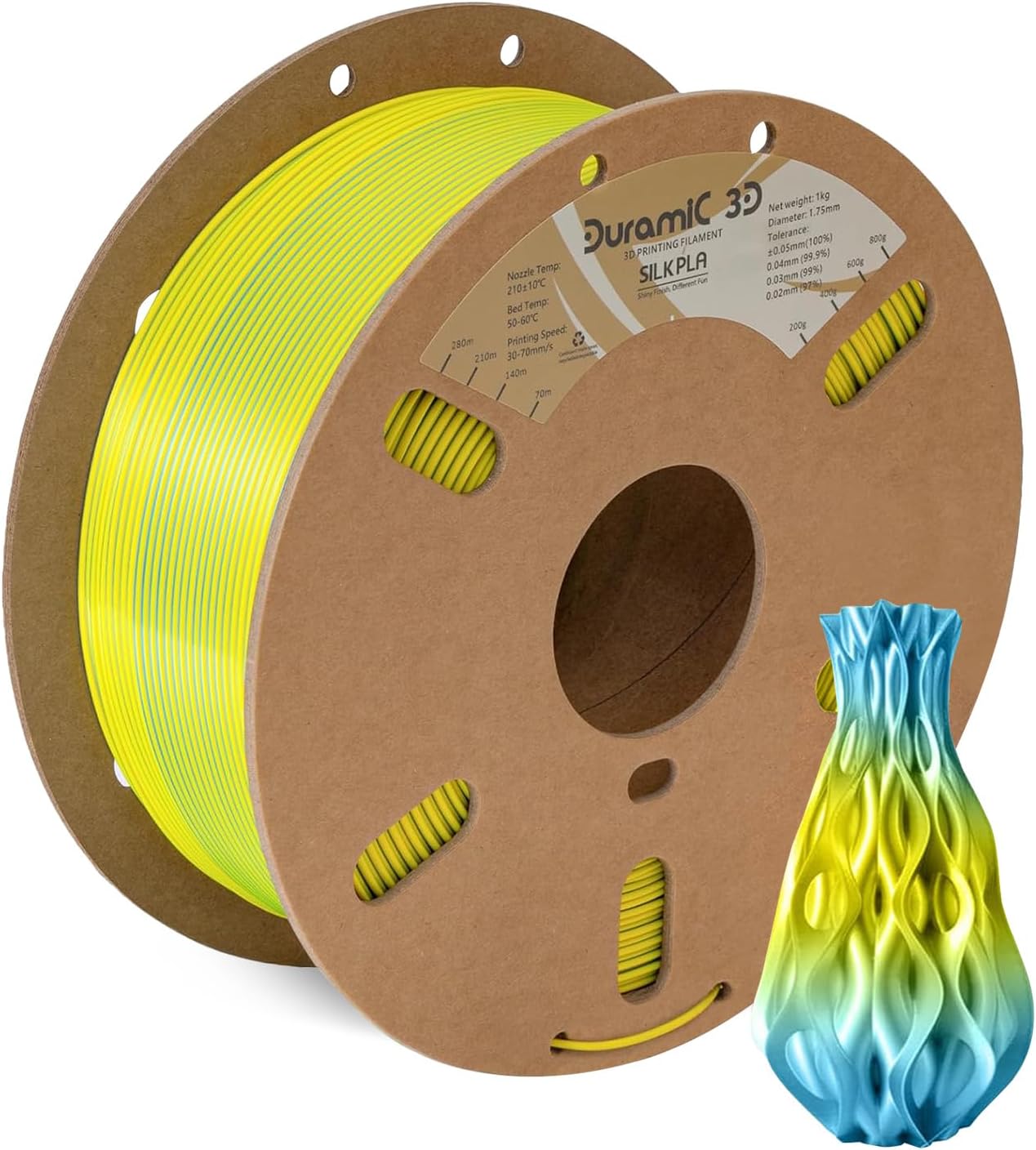 DURAMIC 3D PLA Filament 1.75mm 1kg Spool, Jam-Free High Stifness 3D Printing Filament with Cardboard Spool, No-Tangling No-Clogging Dimensional Accuracy 99% +/- 0.03 mm Silk Blue Yellow 1 Pack
