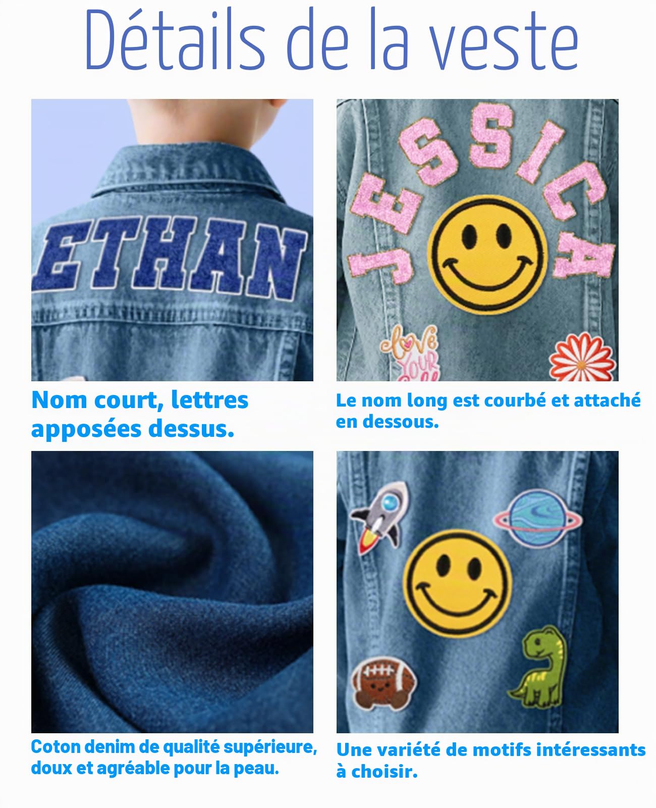 Veste en jean personnalisée pour enfants avec noms – Personnalisée avec écussons pour filles et garçons de 1 à 12 ans, cadeaux d'anniversaire et de Noël, veste en jean personnalisée à manches