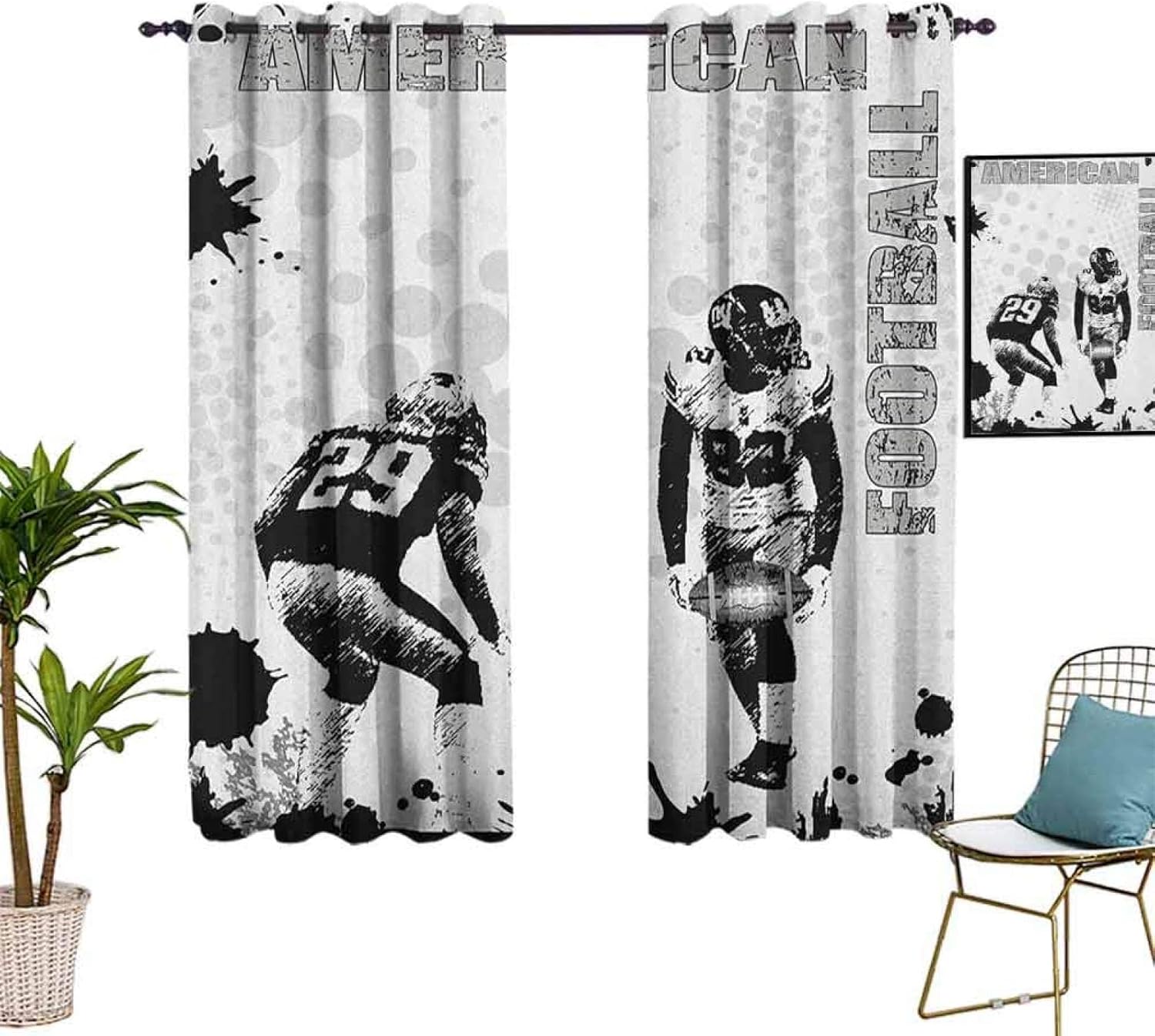 American Football Blackout Curtains, World Cup Football 3D Printed Drapes, 2 Panels Window Curtains, Darkening Curtains with Top Grommet for Bedroom Living Room Windows 72" W x 72" L