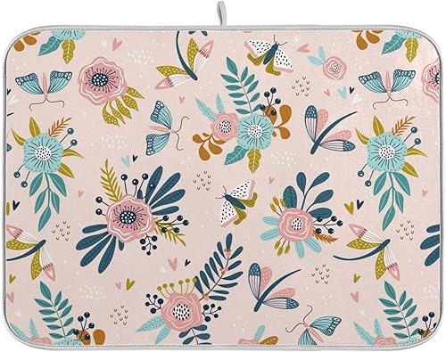 Colorful Pattern with Insects and Flowers Dish Drying Mat Drying Mat For Kitchen Counter Countertop Dish Drying Mat Tapete Para Cocina 16'' x 18''