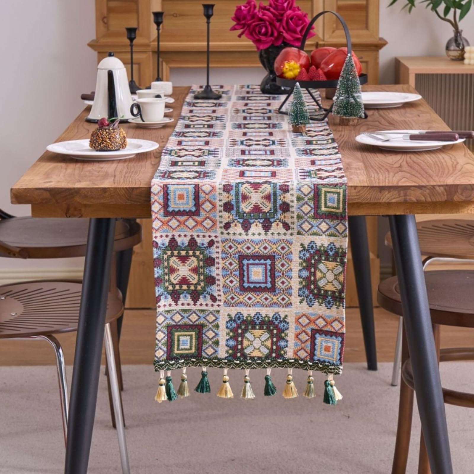 Runner da Tavolo Poliestere Cotone 33x220 cm, Runner da Tavola Moderno Lavabile Motivo Quadri Geometrico Jacquard con Nappe Decorazioni Matrimonio Tavoli per Cucina, Beige