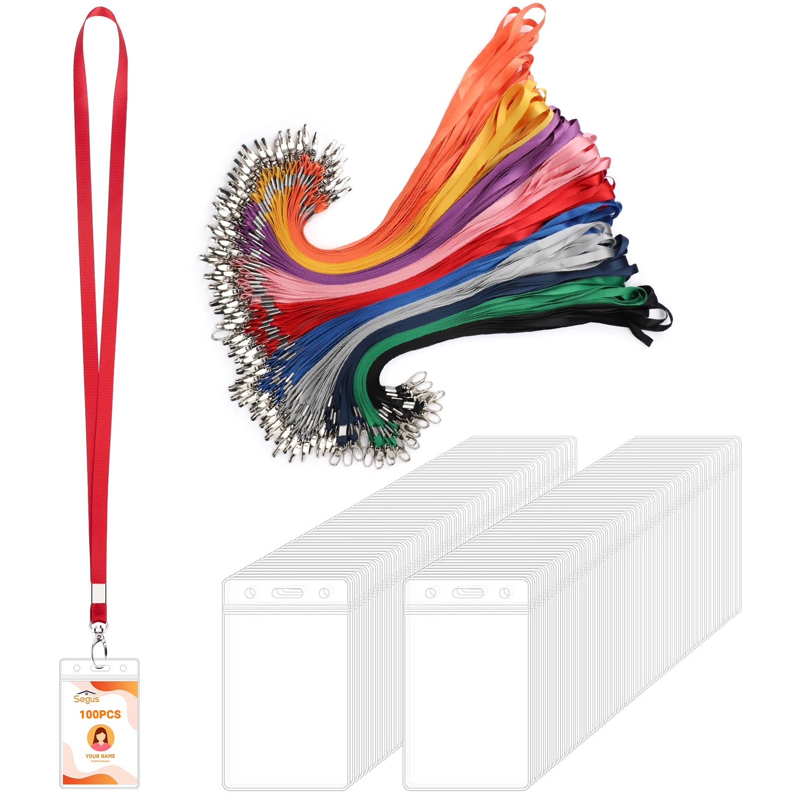 Segus Ausweishülle mit Band, 100 Stück Schlüsselbänder Bunt mit Kartenhülle | Lanyard mit Wasserdichte Badge Holder, für Lehrer, Studenten, Doktor, Mitabeiter, Büro, Schulen (Vertikale)