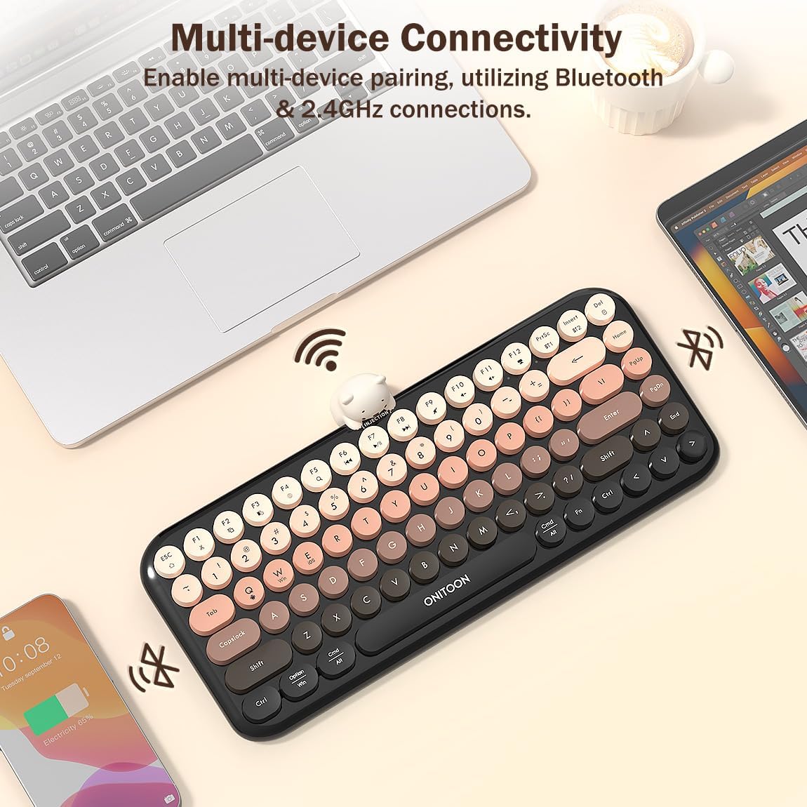 Wireless Bluetooth Keyboard for iPad/Tablet/Laptop/PC/Windows/Mac, Retro Typewriter Keyboard Colorful Round Keycaps, Cute Magnetic Bear, Multi-Device Support, 2.4GHz Cordless Connection with Shortcuts - Image 2
