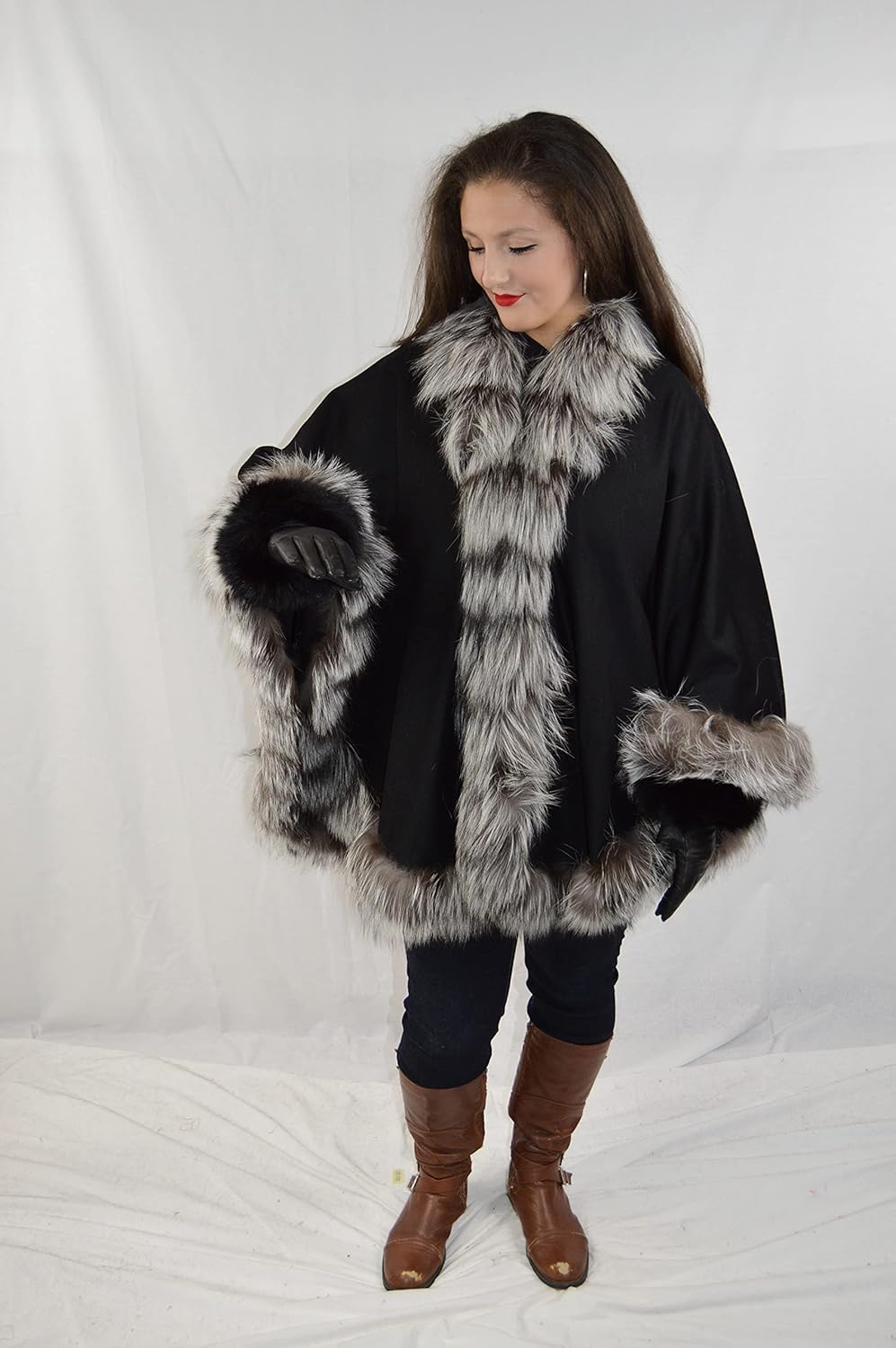 Women’s Cashmere Cape-Fox Fur Trim Cape-Cape Coat-Winter Cashmere Wrap-Coat-Winter Poncho-Ruana-Cloak-Blanket-Capelet-Fur-Fox - Image 8