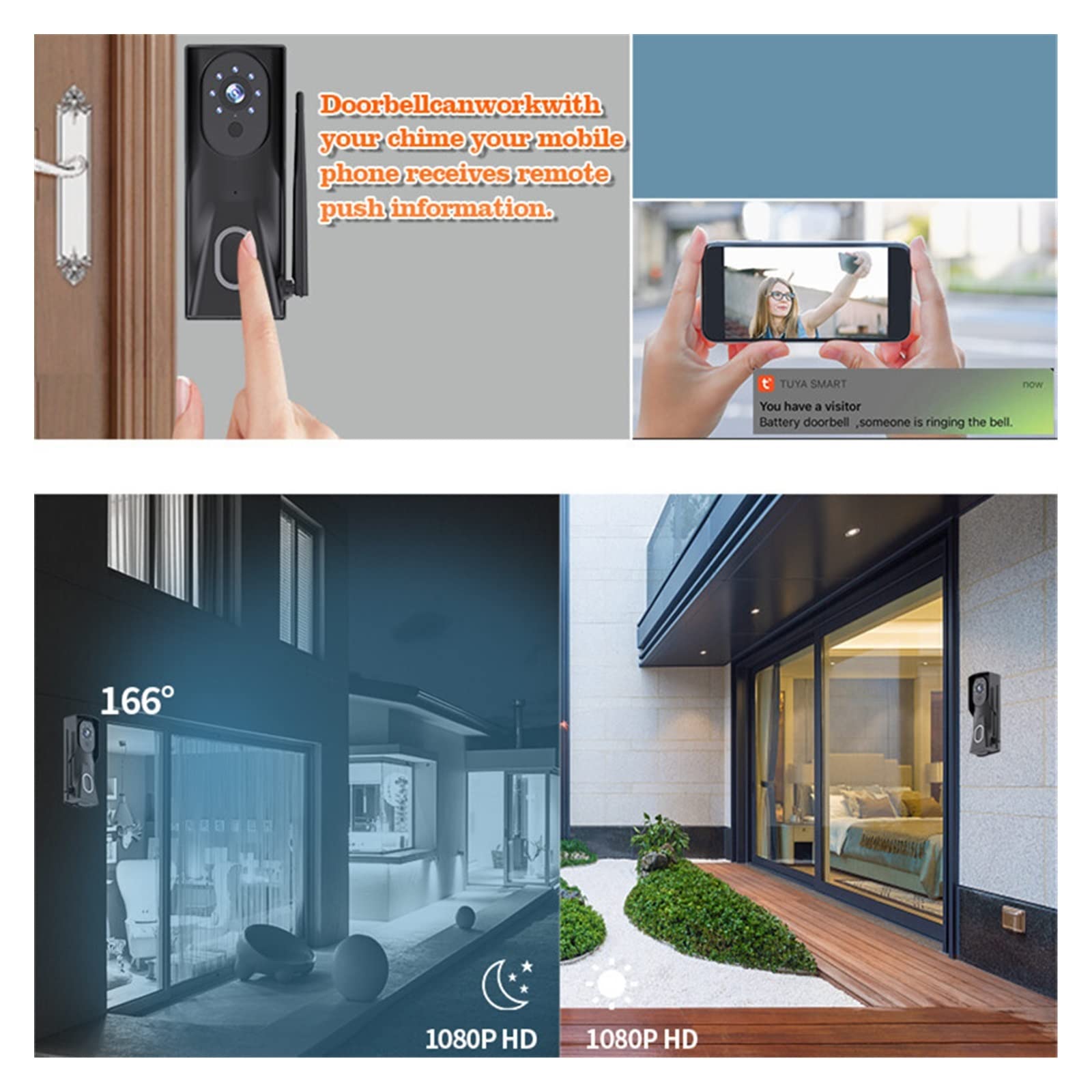 Videoportero con cámara de alta definición, Tuya Smart Home Video Timbre Cámara Al aire libre Timbre inalámbrico Intercomunicador for protección de seguridad del hogar Timbre de la puerta Audio claro,