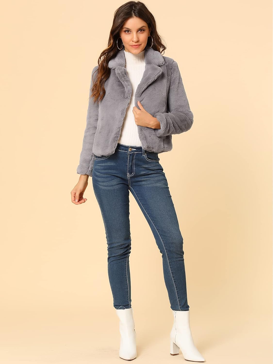 Allegra K Women's Cropped Faux Fur Jacket Lapel Cardigan Shrug 2024 Winter Fluffy Faux Fur Coat - Image 3