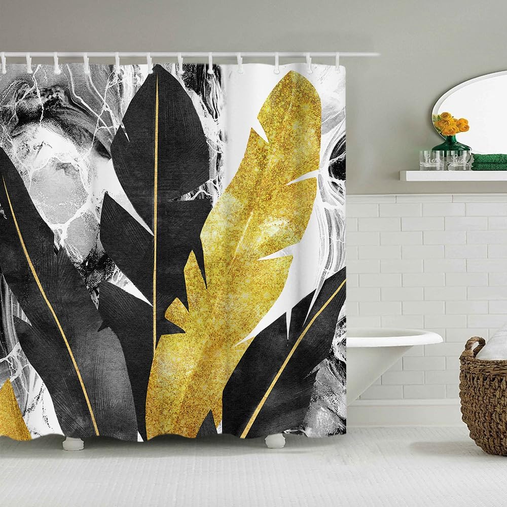 RnnJoile Tropical Shower Curtain Black and Gold Leaves Shower Curtains Hawaiian Bathroom Decor with Hooks 72x72 Inches