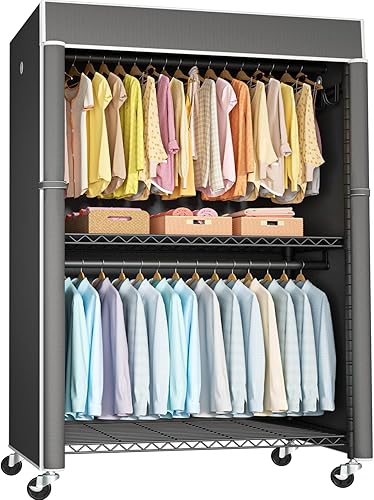 FUTASSI Perchero negro con cubierta gris oscuro, armario con ruedas P1C Plus, perchero de metal para colgar ropa, armario de almacenamiento de ropa,