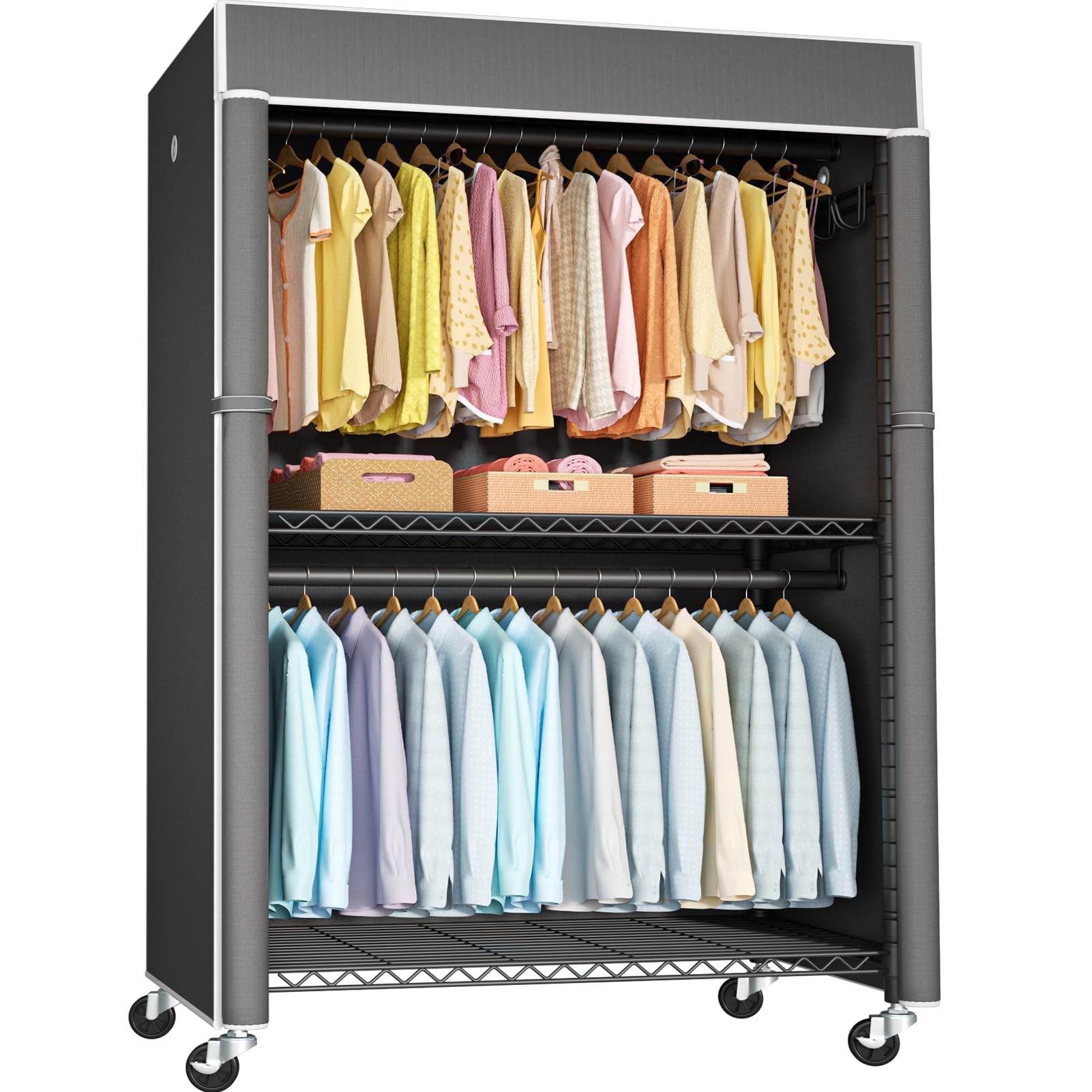 Photo 1 of FUTASSI Black Clothing Rack with Dark Gray Cover, P1C Plus Rolling Closet
