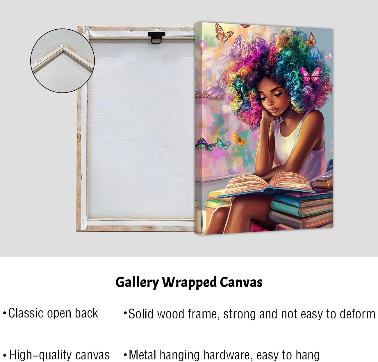 AWPANERAR Black Girl Reading Book Wall Art African American Canvas Print Butterfly Girl Picture Fashion Black Girl Poster for Boho Teen Girls Bedroom Decor Framed (Pink, (18L x 12W))