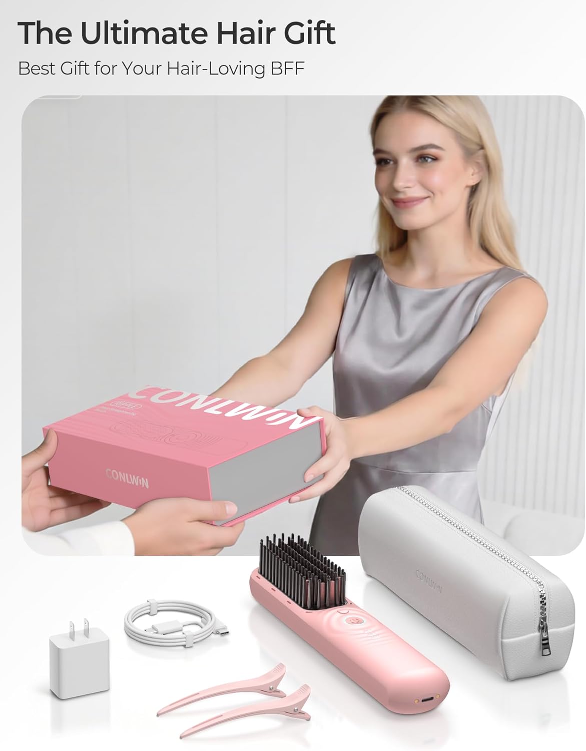 Cordless Hair Straightener Brush with Cool Air Long-Lasting Style, Portable Mini Travel Hair Straightener for Thick Curly Hair, 350M Negative Ions for Frizz-Free, Fast Heating, Gift for Women