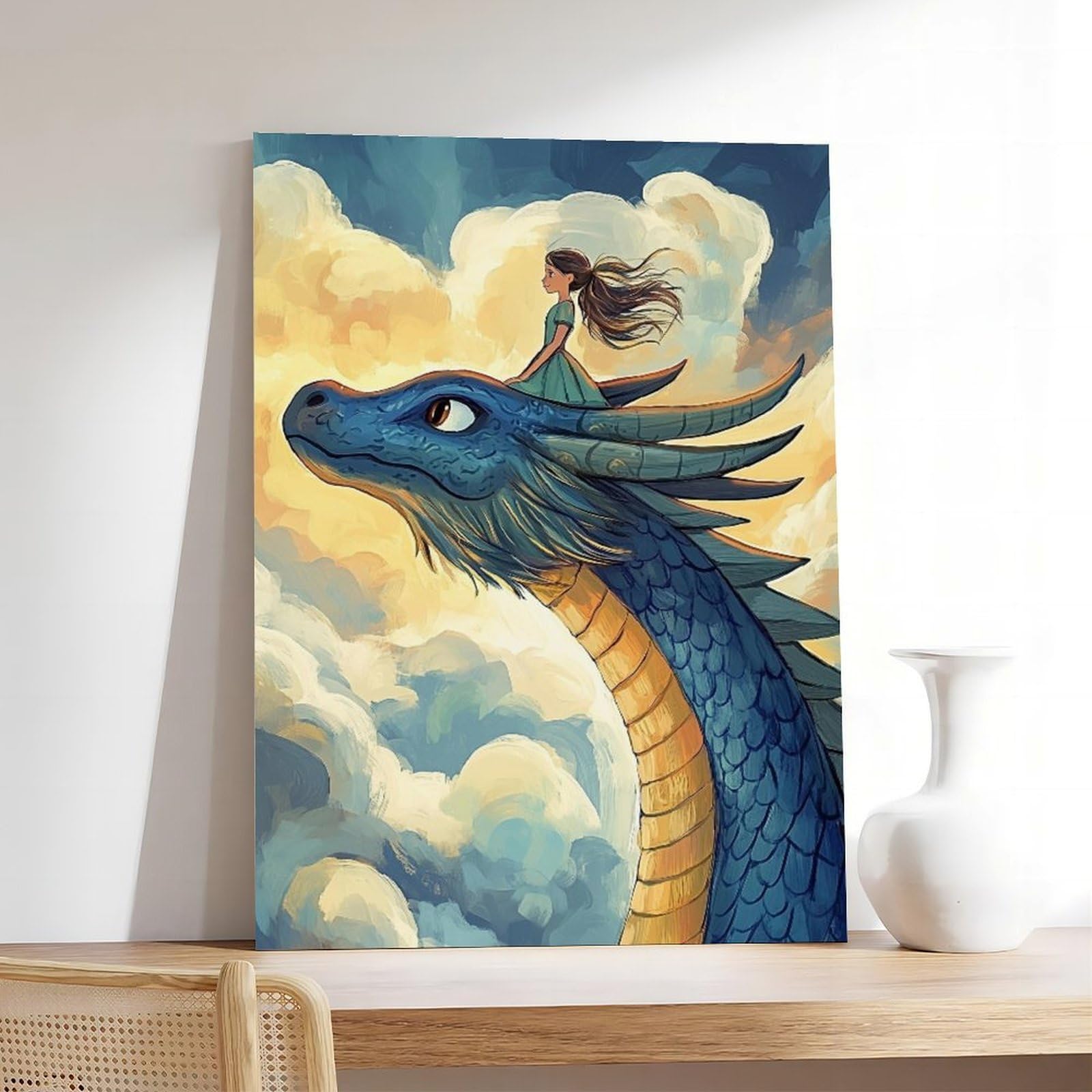 Poster su tela, motivo: ragazza che cavalca un drago, decorazione per