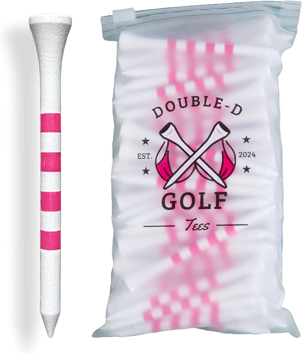 Bamboo Golf Tees Supporting Breast Cancer Research | Profit Donation | Two Size Options (2 3/4" & 3 1/4") | Striped Pink and White | Biodegradable & Eco-Friendly