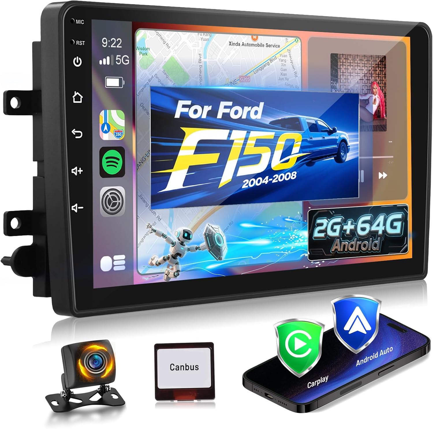 2+64G 10 inch Screen for Ford F150 Radio 2004 2005 2006 2007 2008, 10.1 inch Touchscreen Android F150 Car Stereo with Carplay/Android Auto/EQ Audio/SWC/Bluetooth