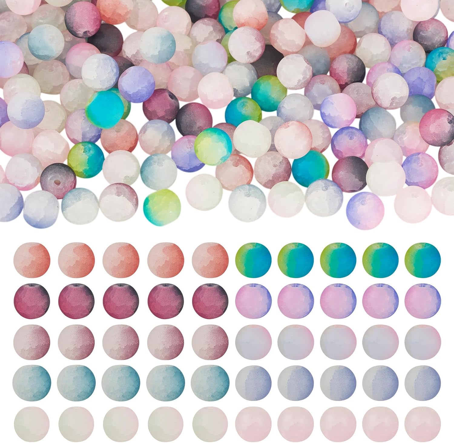 200 Pcs Frosted Glass Beads 10mm Crystal Round Crackle Beads Two Tone Glass Loose Spacer Beads for Bracelets Necklaces Earrings Jewelry Making DIY Crafts