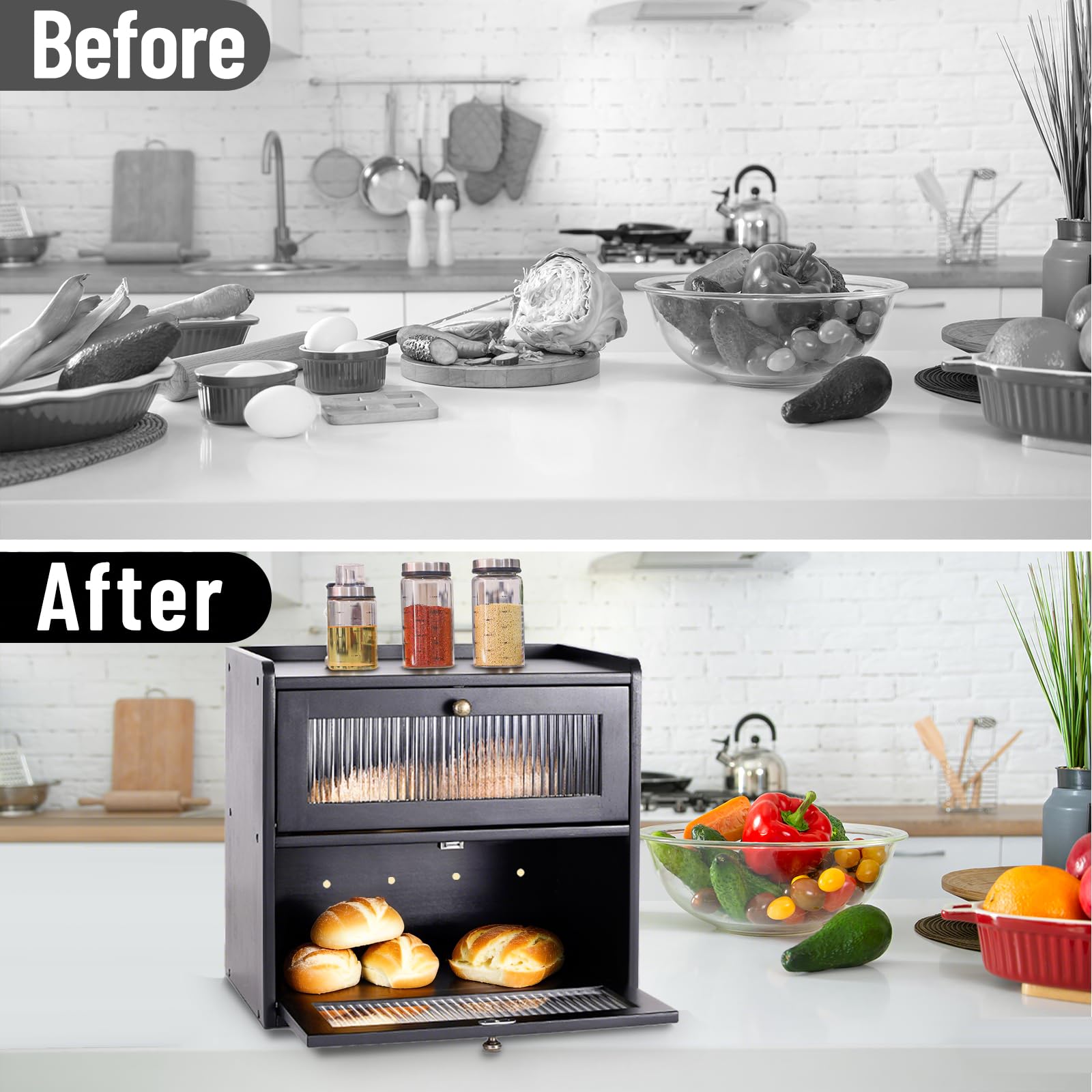 Paneras Para Guardar El Pan Caja Grande De Madera Maciza Doble Panera Madera Para Guardar ReposteríA Con Puerta AcríLica MagnéTica Bread Bin (Negro)