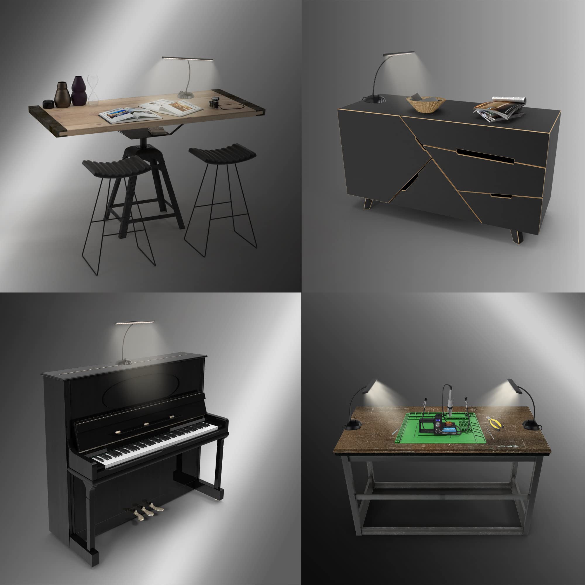 Classic Cantabile 12220 Lampada da Pianoforte Dimmerabile Bianca - 36 LED luminose - Collo d'oca lungo 38 cm - Porta di ricarica USB integrato per smartphone o tablet - Nero