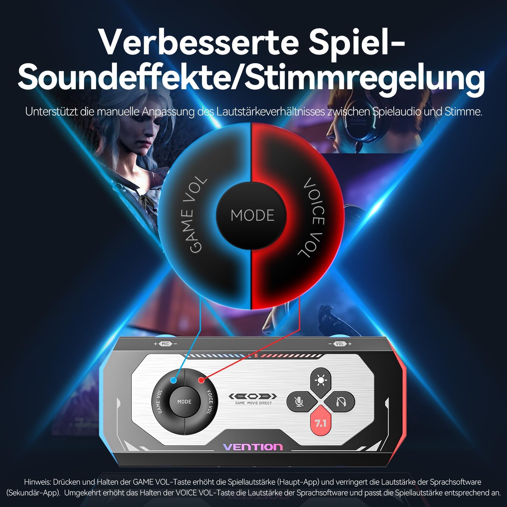 VENTION 7.1 Karta dźwiękowa USB do gier, 7.1, wirtualny dźwięk przestrzenny, 24 bit/192 kHz, system światła RGB, wzmacniacz audio, kompatybilny z PS5, PS4, Xbox One, Nintendo