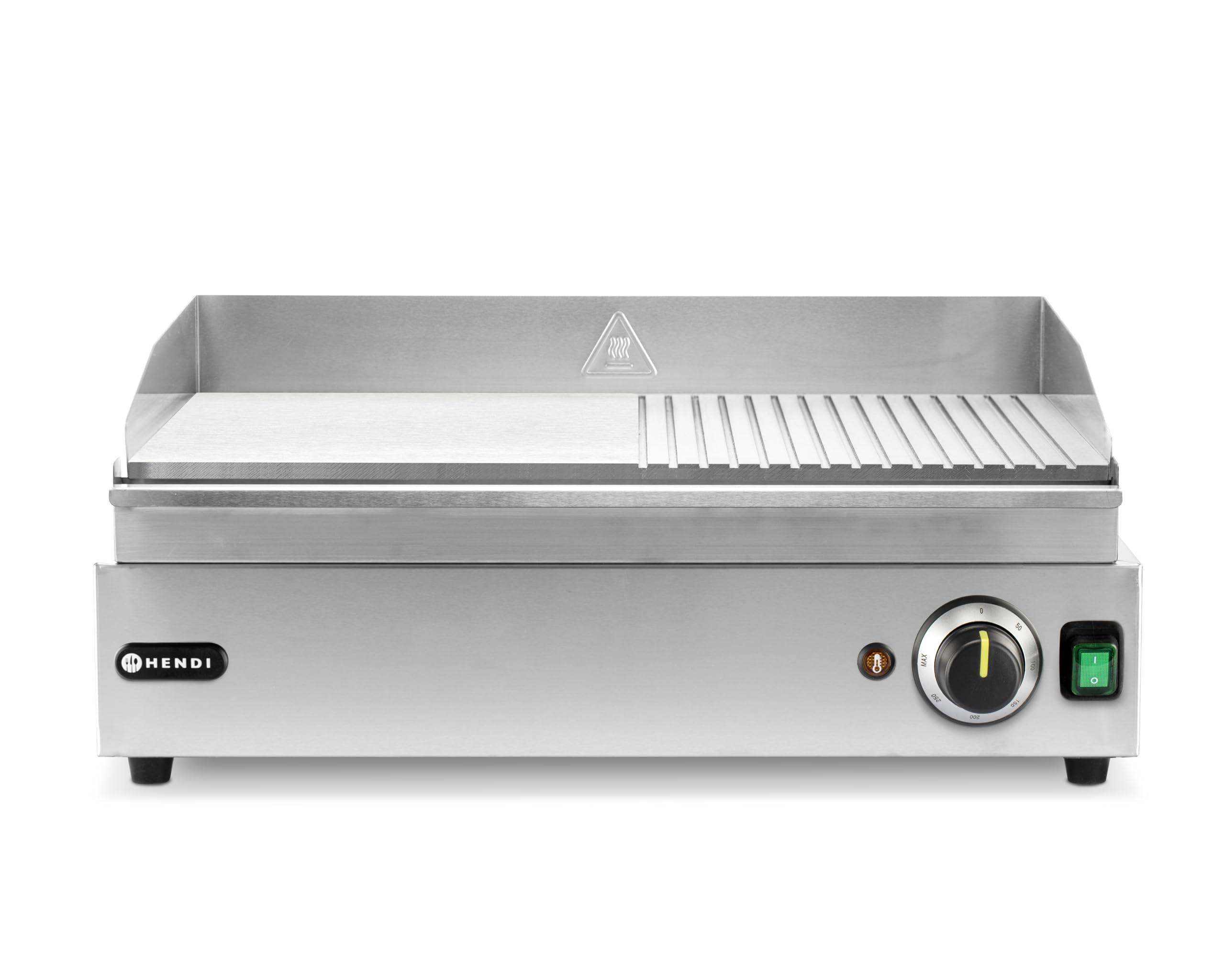 HENDI Piastra elettrica mista 1/2 liscia e 1/2 rigata, griglia di cottura, grill e barbecue con cassetto raccogli-grassi estraibile, temperatura fino a 300°C, 230V, 2400W, 527x404x(H)233mm, inox