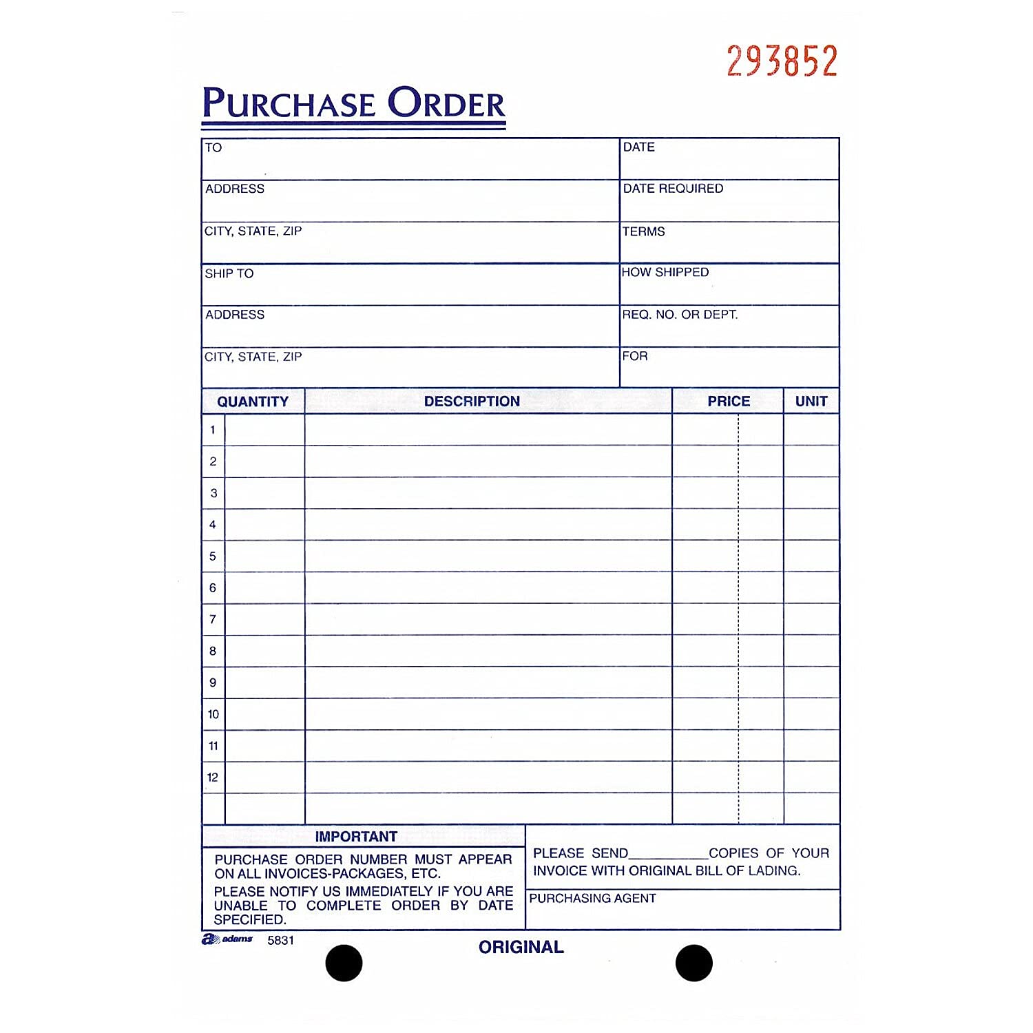 Adams Business Forms Purchase Order Form, 3-Part, 5-9/16 Quot;X8-7
