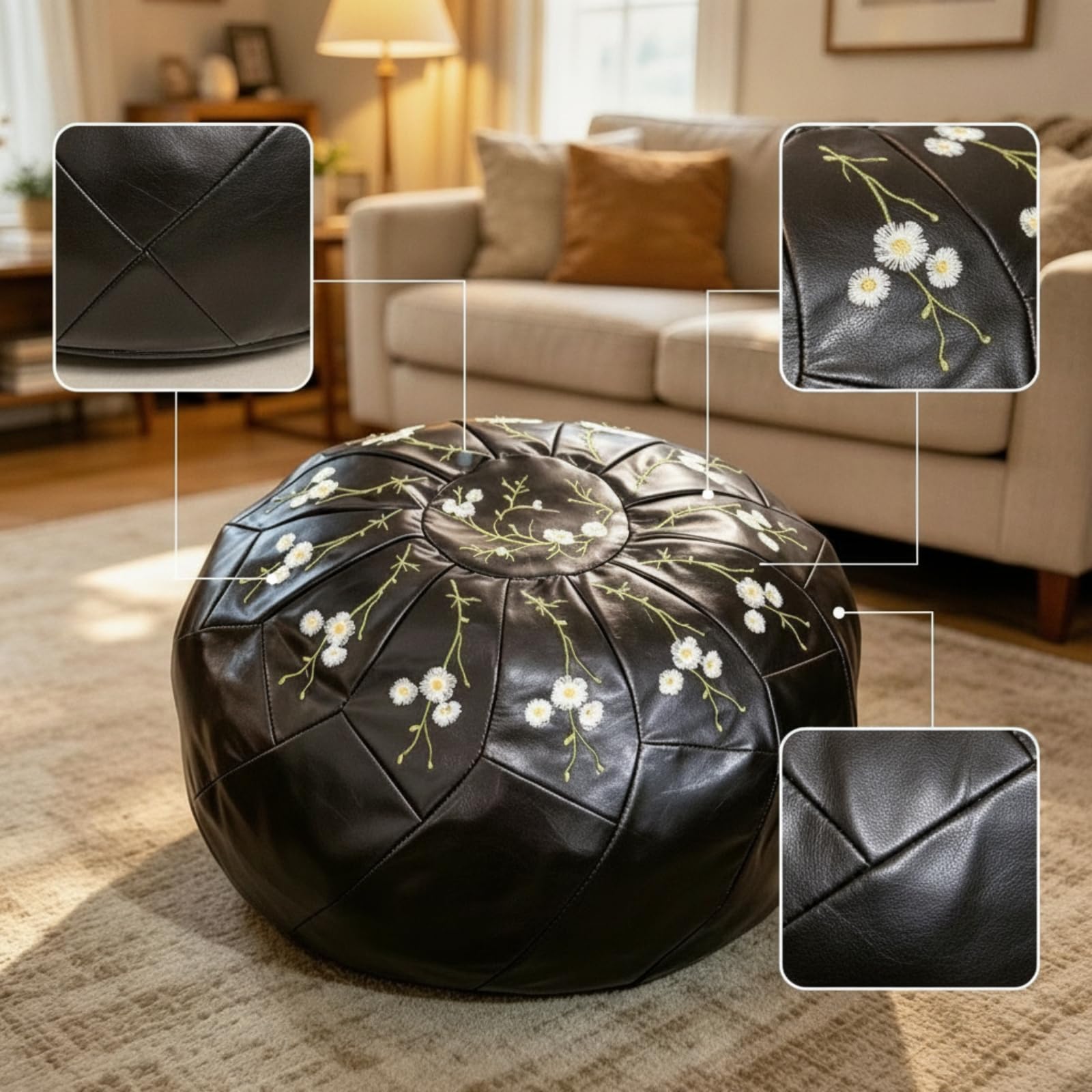 kowaku Pouf Contenitore Rotondo Poggiapiedi Sgabello Cassapanca Pelle Cerata con Ricamo E Finitura Morbida Vano Interno per Piccoli Oggetti Accesso Pratico, Marrone Scuro