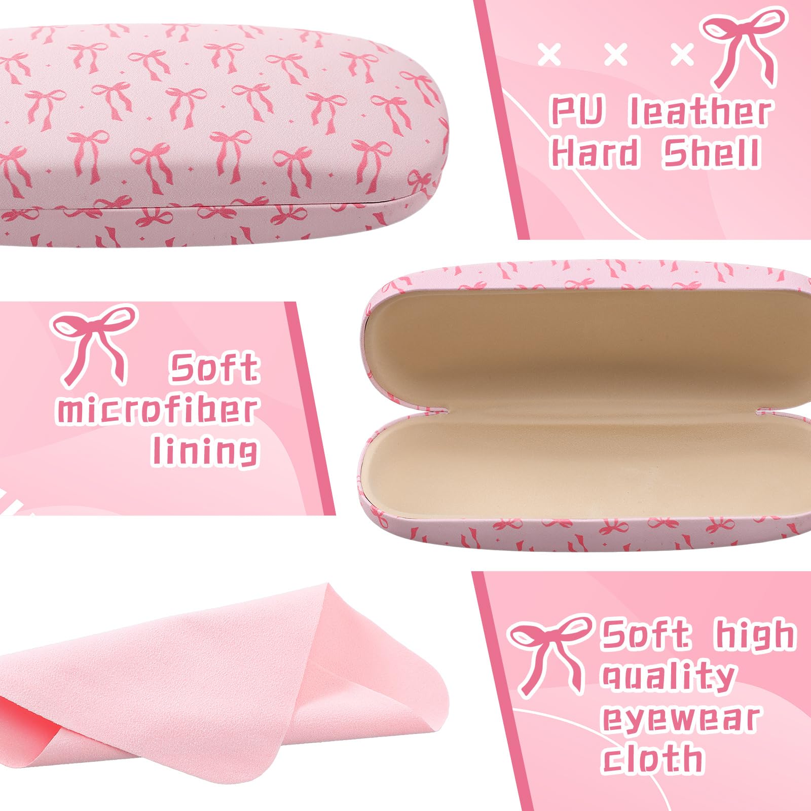Fuyoooo Paquete de 3 fundas duras para gafas de sol con lazo rosa con paño de limpieza, caja de piel sintética para gafas de sol