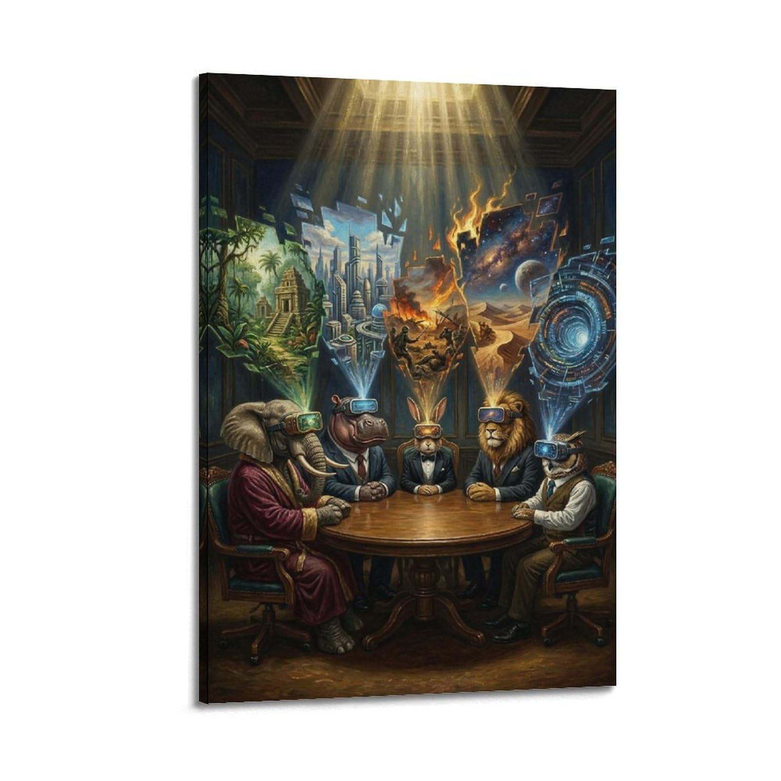 XKUGA Surreal Vintage Animal Poster Council Meeting Groupthink Modern Decorative Canvas Prints - Ideal Wall Art for Family, Man Cave, Game Room, Boys & Girls Bedroom 16x24inch(40x60cm)