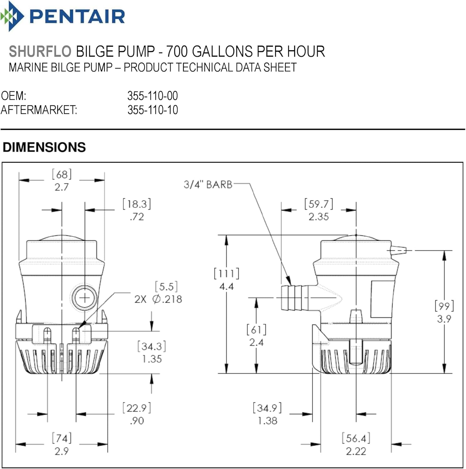 PENTAIR SHURFLO 355-110-10 Bilge Pump, 700 GPH Submersible Marine Pump, Anti-Airlock, ABS Housing, Nylon Impeller, Ignition Protected, 12V DC, CE Certified