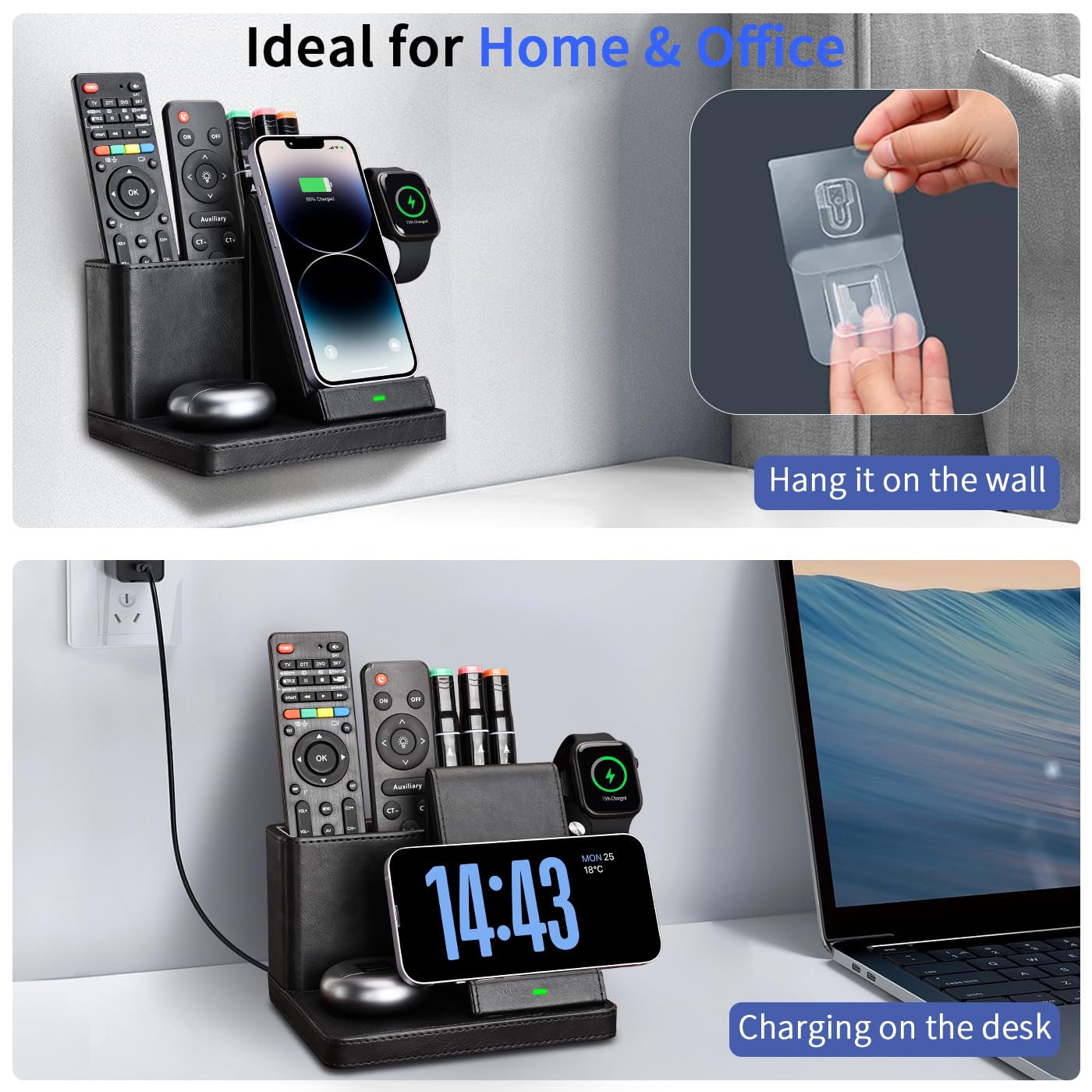 GORESE 3 in 1 Stazione Ricarica con organizzatore da scrivania, 30W caricabatterie wireless a parete compatibile per iPhone 15/14/13/12/11/Pro/Max/XS iWatch 7/6/5/4/3 AirPods 3/2/Pro