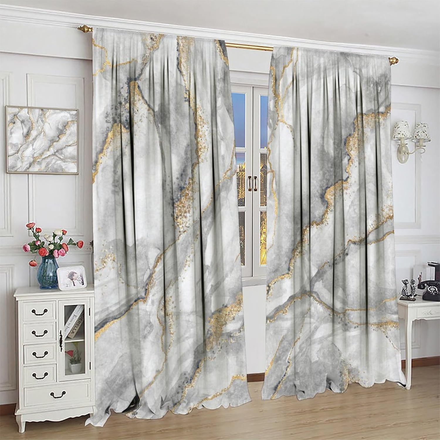 White and Gray Window Curtains,Marble Texture Modern Abstract Art Window Treatments for Bedroom Living Room Kitchen Office Polyester Fabric Drapes 2 Panel Sets Total Size 55" x 63"