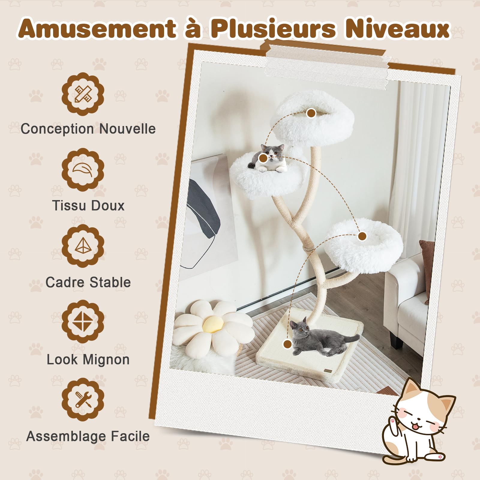 GOPLUS Arbre a Chat Moderne Hauteur 178 CM, Design Incurvé, Arbre à Chat avec Griffoirs et Planche en Sisal, 3 Perchoirs Chauds à 3 Niveaux, 3 Balles, Cadre en Métal, Idéal pour d'Intérieur (Beige)