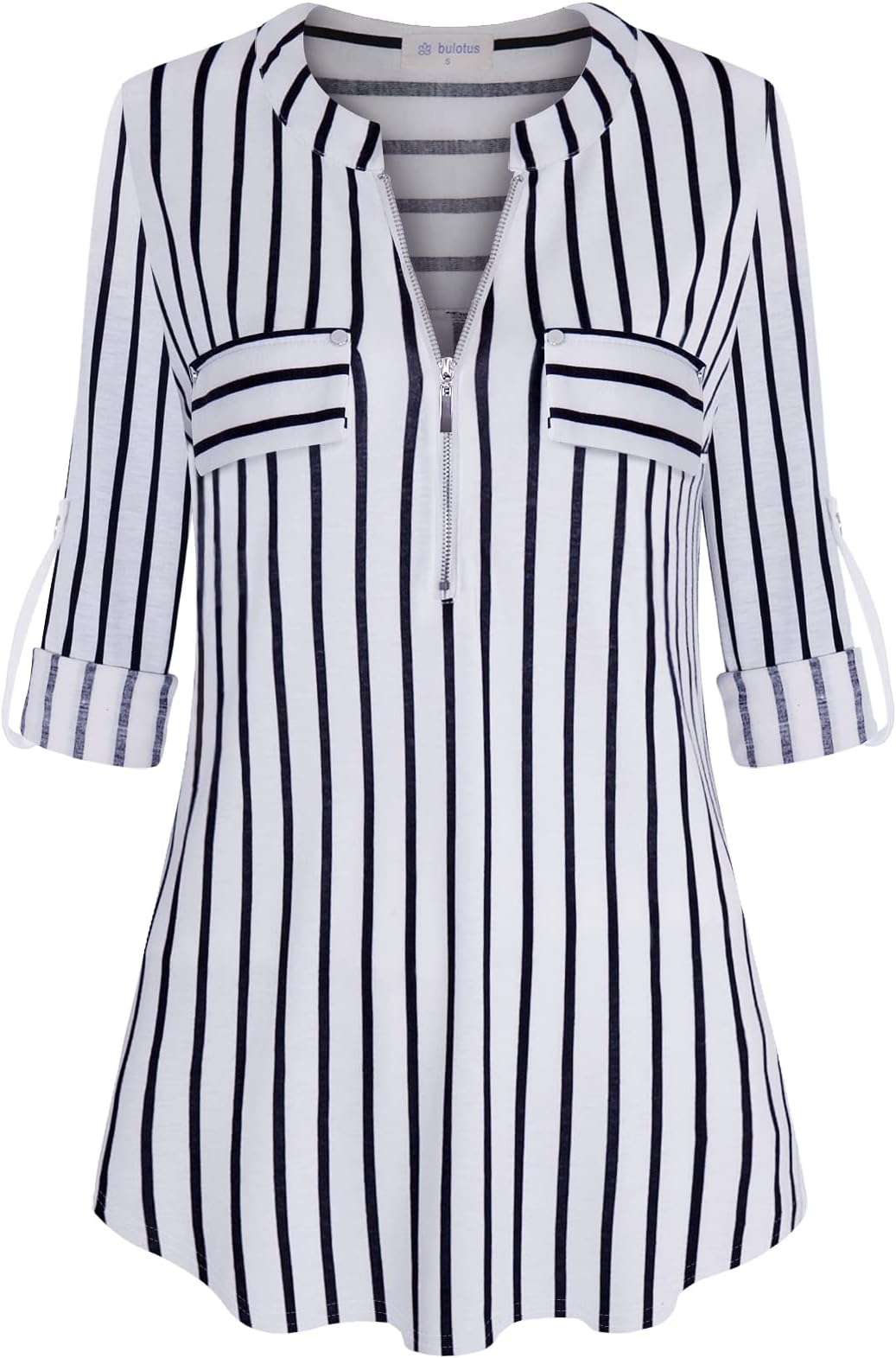 BulotusWomen's Zip Front V-Neck 3/4 Length Sleeve Womens Tops Business Casual Shirts
