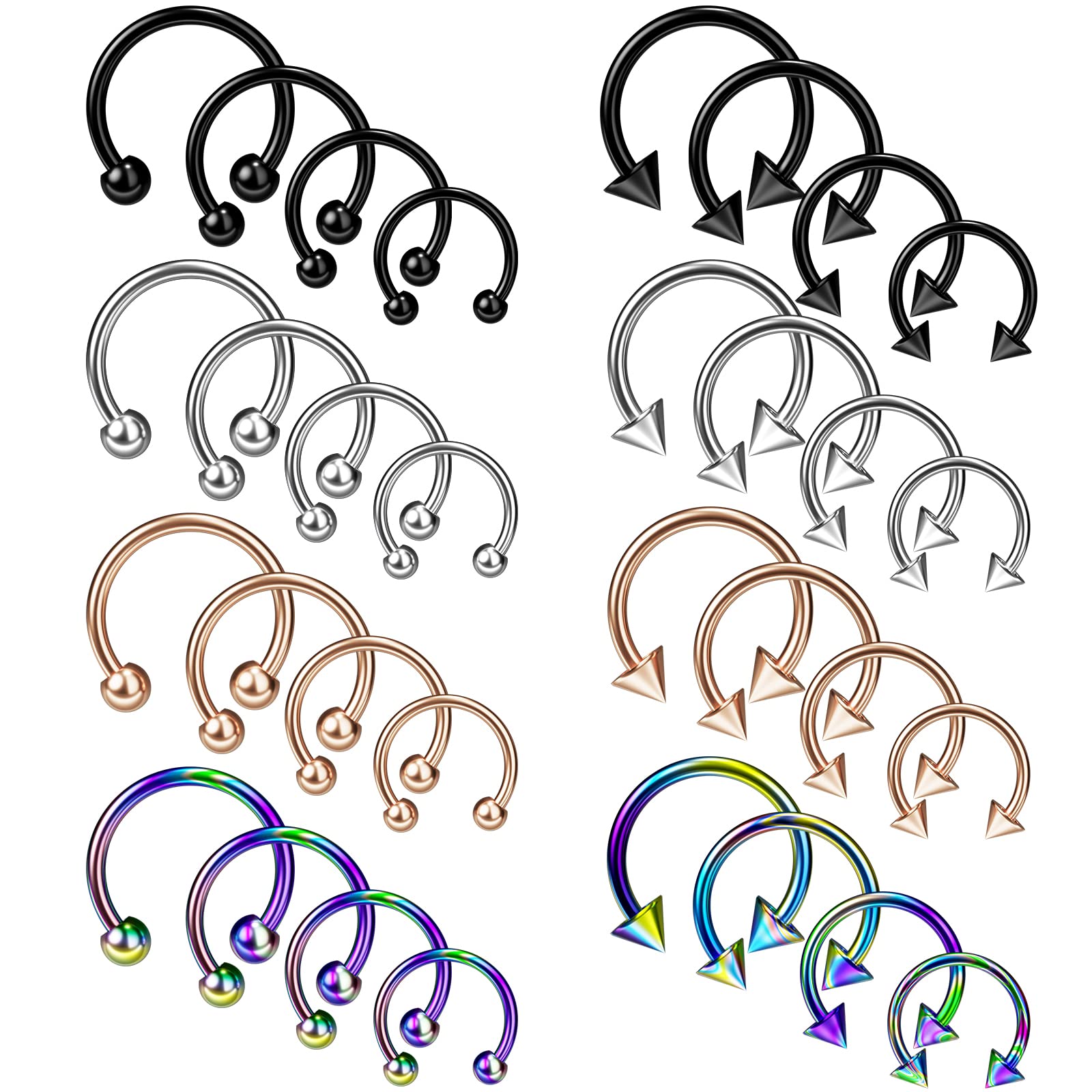32Pcs Horseshoe Rings Surgical Steel 16G Variety of Sizes Nose Septum Horseshoe Hoop Earring Eyebrow Earring Hoop Lip Horseshoe Piercing for Women Men