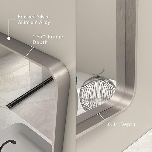Miniatura 2 de Espejo de baño plateado cepillado de 48 x 30 pulgadas para pared, espejo de tocador de baño con marco de metal plateado cepillado, espejo