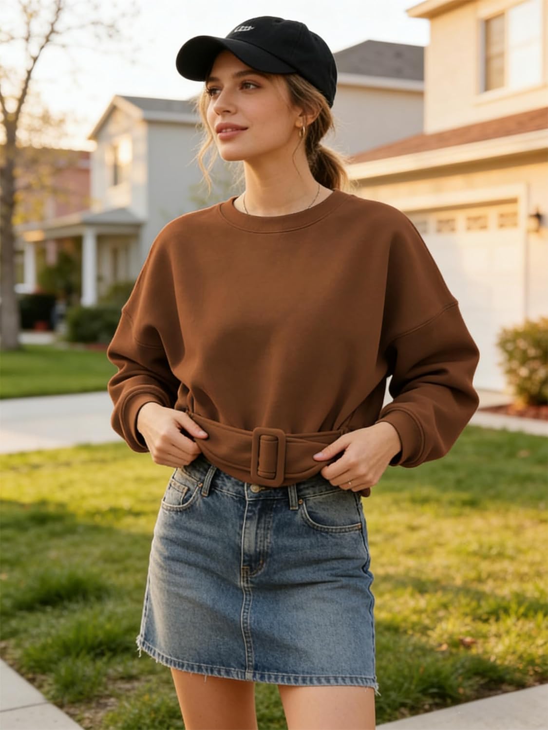 Yidarer Women Pullover Sweatshirts Cropped Crewneck Long Sleeve Belted Casual Y2K Lace Up Tops 2026 Spring Outfits - Image 2