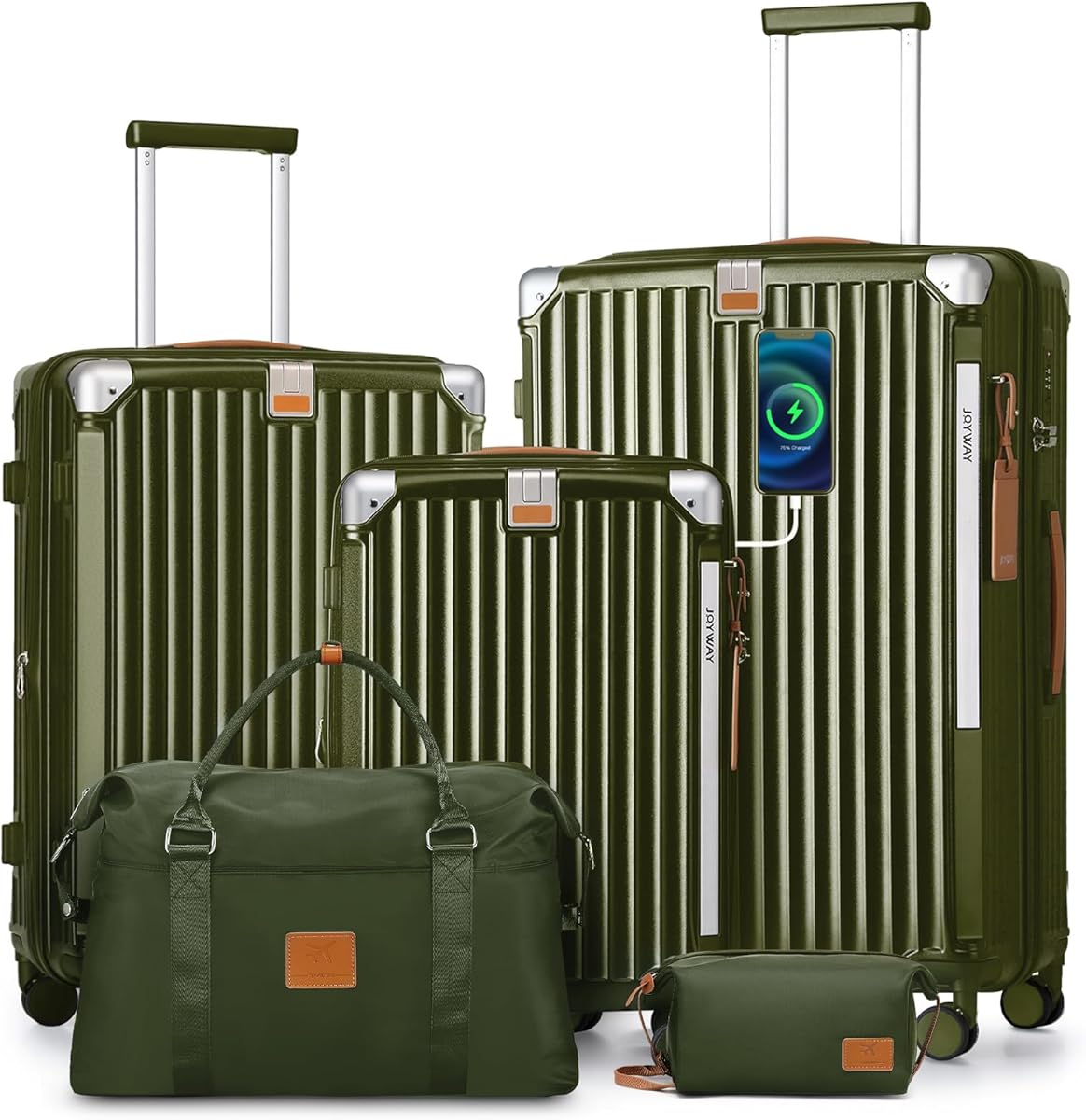 Joyway 5 Piece Luggage Set with Cup Holder, Expandable 25% Capacity, Includes Handbag, Anti Slip Wheels, Hook, Smart Carry On Suitcase for Men and Women, Spinner Travel DarkGreen