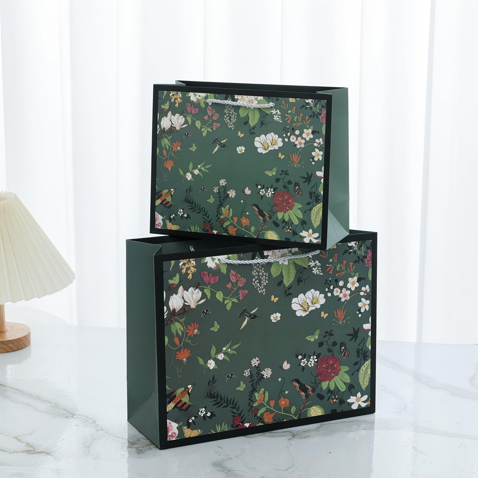 HANSWARE 2 Pack 12.6" Large Green Gift Bags with Handles,Vintage Flower Paper Gift Bag for Presents Cute Bags for Valentines,Wedding,Easter,Christmas,Baby Shower,Birthday Party,12.6"L x 4.5"W x 9.8"H